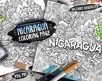 NICARAGUA Digital Coloring Page/ Travel Adult Coloring/ Central American Culture Country Doodles Illustration/ Printable Coloring Sheet/ PDF