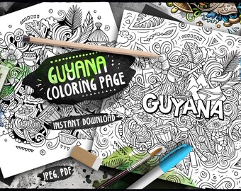 GUYANA Digital Coloring Page/ Latino Adult Coloring/ Latin American Country Doodle Illustration/ Guyanese Printable Coloring Sheet/ PDF