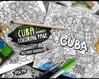 CUBA Digital Coloring Page/ Cuban Culture Travel Adult Coloring/ Caribbean Country Doodles Illustration/ Art Printable Coloring Sheet/ PDF
