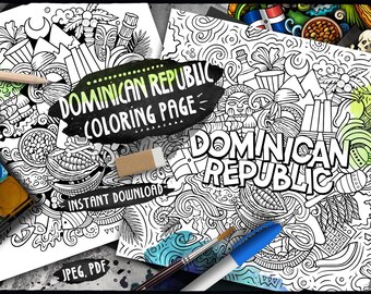 DOMINICAN REPUBLIC Digital Coloring Page/ Travel Adult Coloring/ Caribbean Country Doodles Illustration/ Art Printable Coloring Sheet/ PDF