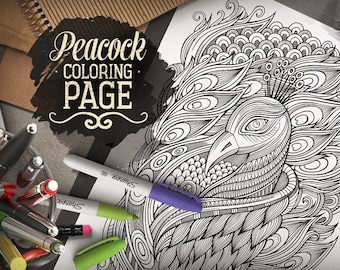 PEACOCK COLORING PAGE - Adult Coloring - Printable Coloring book - Coloring sheet - Hand Drawn Peacock - Doodles - Digital Download