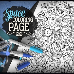 SPACE Digital Coloring Page, Cosmos Doodle Adult Coloring Book, Printable Coloring Sheet, Cosmic Cartoon Illustration, Digital Download, PDF image 2