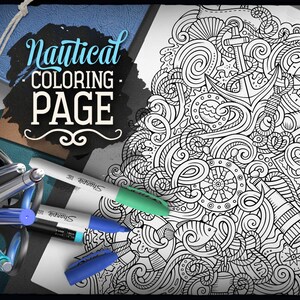 Marine Digital Coloring Page Maritime Doodle Adult Coloring Etsy
