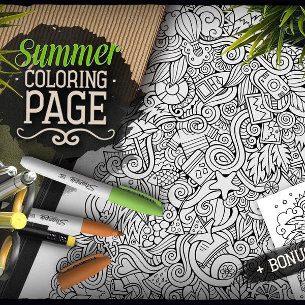 SUMMER Digital Coloring Page, Season Doodle Adult Coloring Book, Printable Coloring Sheet, Hello Summer Cartoon Illustration, Download, PDF