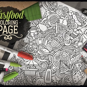 May include: A black and white coloring page featuring a variety of fast food items, including pizza, burgers, fries, and donuts. The page is surrounded by colorful markers and pencils, suggesting it is ready for coloring.