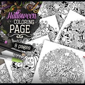 8 Happy Halloween Digital Coloring Pages, Adult Coloring, Halloween Printable Coloring Sheets, Trick or Treat Doodle Set, Digital Download