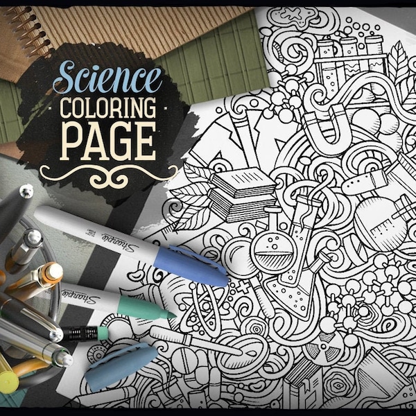 SCIENCE Digital Coloring Page, Science Doodle Adult Coloring Book, Printable Coloring Sheet, Study Cartoon Illustration, Digital Download