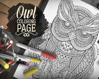 OWL COLORING PAGE - Adult Coloring - Printable Coloring book - Coloring sheet - Hand drawn Owl Bird - Doodles Animal - Digital Download