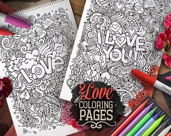 LOVE, I LOVE YOU Digital Coloring Pages, Adult Coloring, Printable Coloring sheet, Happy Valentines Day, Celebration Art, Digital Download