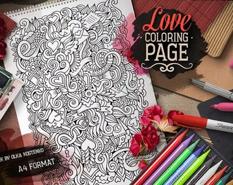 LOVE Digital Coloring Page, Adult Coloring, Printable Coloring sheet, Valentine&#39;s Day Doodles Art, Happy Holidays Doodle, Digital Download