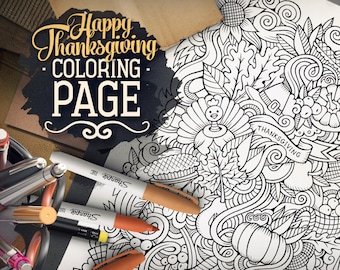HAPPY THANKSGIVING Digital Coloring Page, Adult Coloring, Holiday Printable, Greeting Doodles Art, Autumn Doodling, Zenart Digital Download