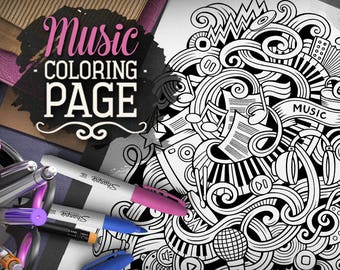 MUSIC Digital Coloring Page Adult Musical Doodles Art Printable Sheet Ethnic Illustration Therapy Download
