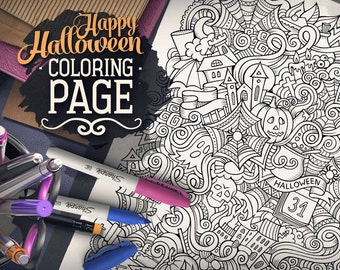 HAPPY HALLOWEEN Digital Coloring Page, Adult Coloring, Holiday Printable, Greeting Doodles Art, Halloween Doodling, Zenart Digital Download