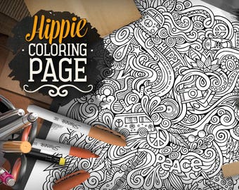 HIPPIE Digital Coloring Page Adult Hippy Doodles Art Printable Sheet Ethnic Illustration Therapy Download