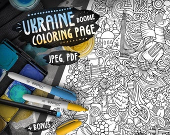 Ukraine Doodle Coloring Page/ Travel Doodle Illustration