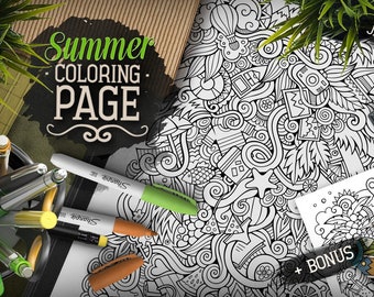 SUMMER Digital Coloring Page, Season Doodle Adult Coloring Book, Printable Coloring Sheet, Hello Summer Cartoon Illustration, Download, PDF