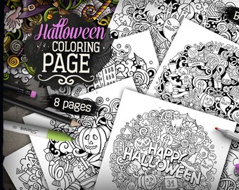 8 Happy Halloween Digital Coloring Pages, Adult Coloring, Halloween Printable Coloring Sheets, Trick or Treat Doodle Set, Digital Download