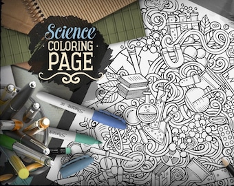 SCIENCE Digital Coloring Page, Science Doodle Adult Coloring Book, Printable Coloring Sheet, Study Cartoon Illustration, Digital Download