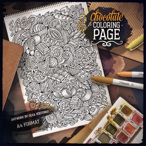 CHOCOLATE Digital Coloring Page, Choco Doodle Adult Coloring Book, Printable Coloring Sheet, Sweets Cartoon Illustration, Digital Download