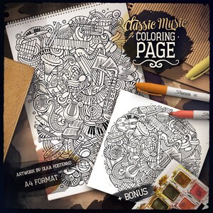 MUSIC CLASSIC Цифровая раскраска, Art Doodle Adult Coloring Book, Printable Coloring Sheet, Music Cartoon Illustration, Digital Download