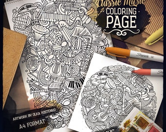 MUSIC CLASSIC Цифровая раскраска, Art Doodle Adult Coloring Book, Printable Coloring Sheet, Music Cartoon Illustration, Digital Download
