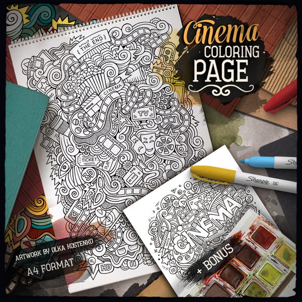 CINEMA Digital Coloring Page, Movie Doodle Adult Coloring Book, Printable Coloring Sheet, Cinema Art Cartoon Illustration, Digital Download