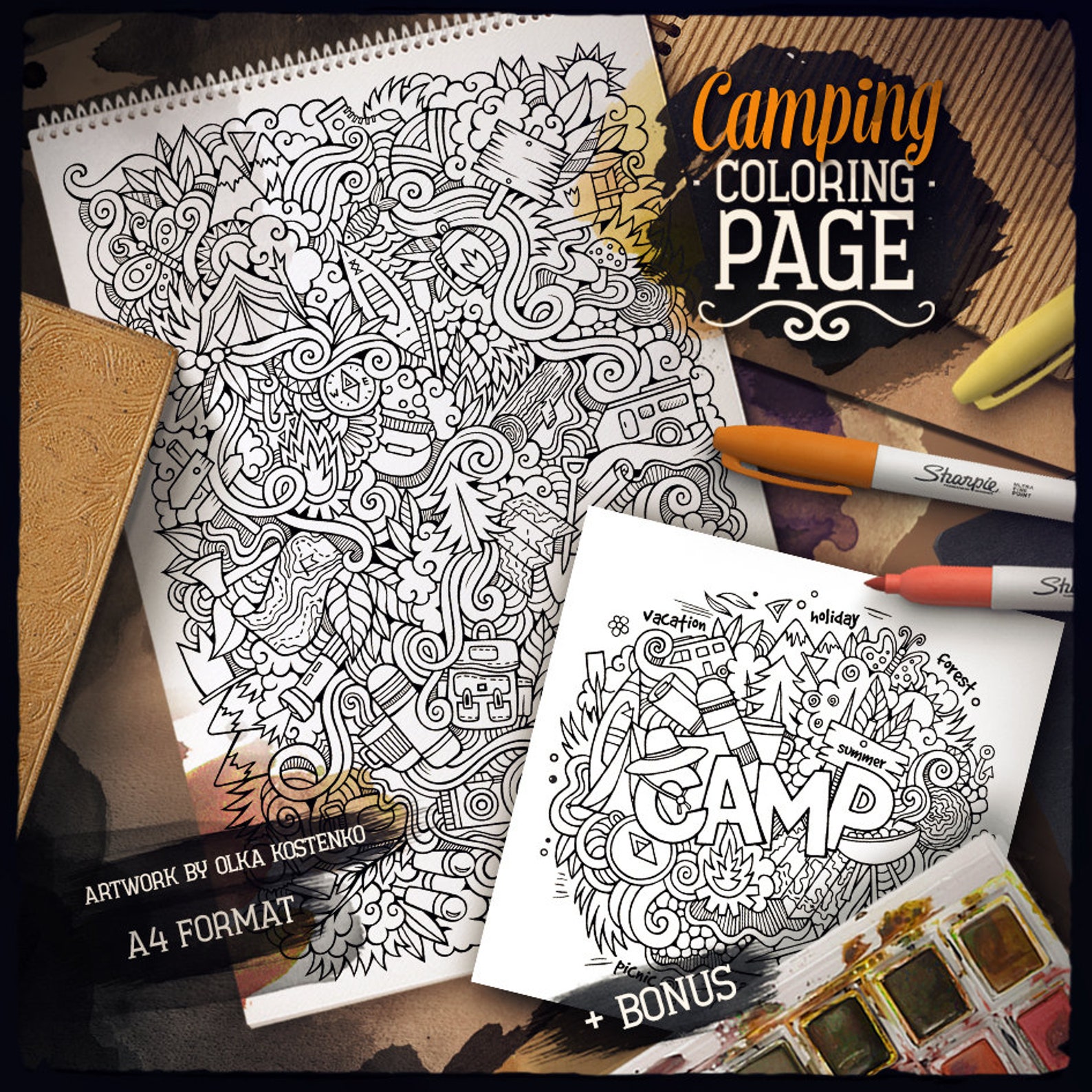 Camping Coloring Page/ Adult Coloring Book/ Digital Colouring Sheet ...