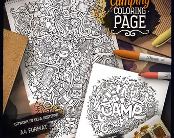Camping Coloring Page/ Adult Coloring Book/ Digital Colouring sheet/ Camp Doodle Art/ Printable Cartoon Illustration/ Instant Download/ PDF
