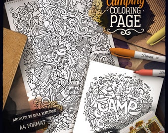 Camping Coloriage/ Livre de coloriage pour adultes/ Feuille de coloriage numérique/ Camp Doodle Art/ Illustration de dessin animé imprimable/ Téléchargement instantané/ PDF