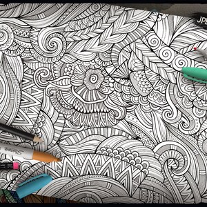 May include: A black and white intricate pattern with swirls and lines. The pattern is on a white background and is ready to be colored in. The image includes the text "JPEG, PDF".