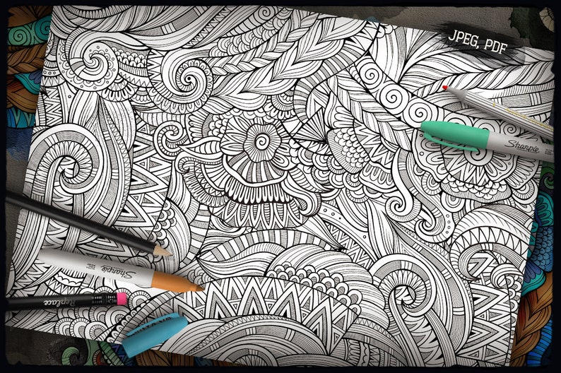 May include: A black and white intricate pattern with swirls and lines. The pattern is on a white background and is ready to be colored in. The image includes the text "JPEG, PDF".