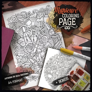 SALON PAZNOKCI Kolorowanka cyfrowa, Manicure Doodle Kolorowanka dla dorosłych, Arkusz do kolorowania do druku, Ilustracja z kreskówek na paznokciach, Pobieranie cyfrowe