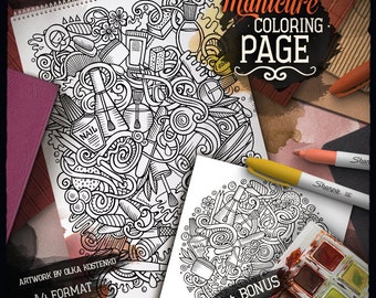 NAIL SALON Digital Coloring Page, Manicure Doodle Adult Coloring Book, Printable Coloring Sheet, Nail Cartoon Illustration, Digital Download