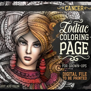 CANCER Zodiac Adult Coloring Page, Zodiac Sign Coloring Book, Fantasy Girl Face, Ethnic Doodle Woman, Printable Sheet, Digital Download, A4