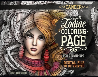 May include: A black and white colouring page featuring a detailed illustration of the Cancer zodiac sign. The illustration depicts a woman with long hair and intricate patterns surrounding her. The text "Cancer Zodiac Coloring Page" is written in a decorative font.