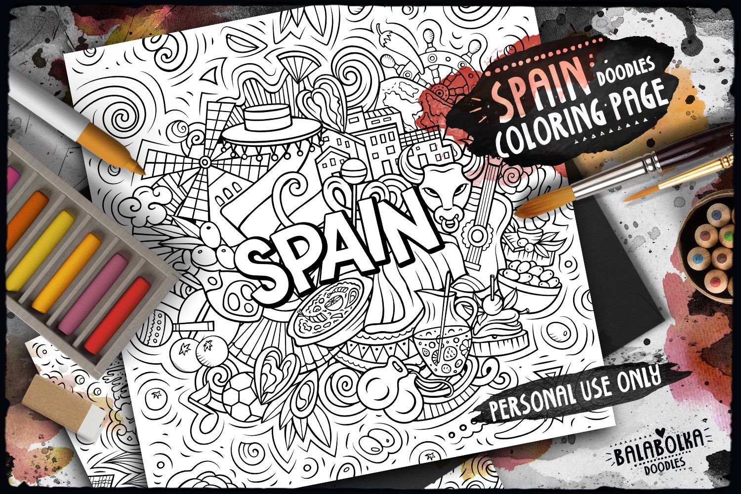 SPAIN Digital Coloring Page/ Spanish Adult Coloring/ Around the World