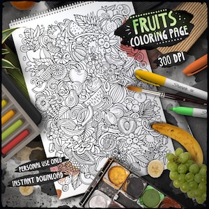 FRUITS Kolorowanka cyfrowa/ Świeże owoce Doodle Kolorowanka dla dorosłych/ Arkusz do kolorowania do druku/ Ilustracja z owocową kreskówką/ Pobierz/ PDF