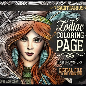 SAGITTARIUS Zodiac Adult Coloring Page, Zodiac Sign Coloring Book, Fantasy Girl Face, Ethnic Woman, Printable Sheet, Digital Download, A4
