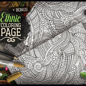 May include: A black and white coloring page with an intricate ethnic design. The page is surrounded by art supplies, including colored pencils, markers, and pens. The text "Ethnic Coloring Page" is written in white on a black background.
