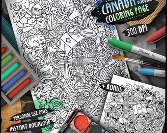 KANADA Kolorowanka cyfrowa, Kolorowanka dla dorosłych o kulturze kanadyjskiej, Ilustracja z kreskówki Doodle, Kolorowanka do druku, Natychmiastowe pobieranie