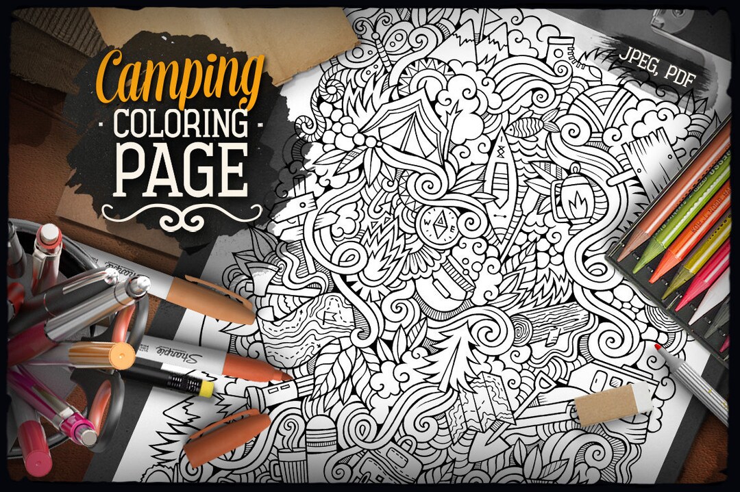 Camping Coloring Page/ Adult Coloring Book/ Digital Colouring - Etsy