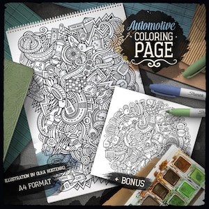 May include: Black and white coloring page featuring a detailed illustration of various automotive related objects, including cars, tools, and road signs. The title "Automotive Coloring Page" is written in large, bold letters at the top of the page. The text "Illustration by Olka Kostenko" and "A4 Format" are written at the bottom of the page.