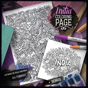INDIA Digital Coloring Page, Indian Culture Doodle Adult Coloring Book, Printable Coloring Sheet, Country Cartoon Illustration, Download PDF