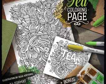 TEA TIME DOODLE Digital Coloring Page, Adult Coloring, Tea Party, Printable, Coloring sheet, Cartoon Illustration, Art Therapy, Download