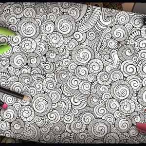 May include: An intricate black and white pattern of swirls and circles. The pattern is ideal for colouring or doodling.