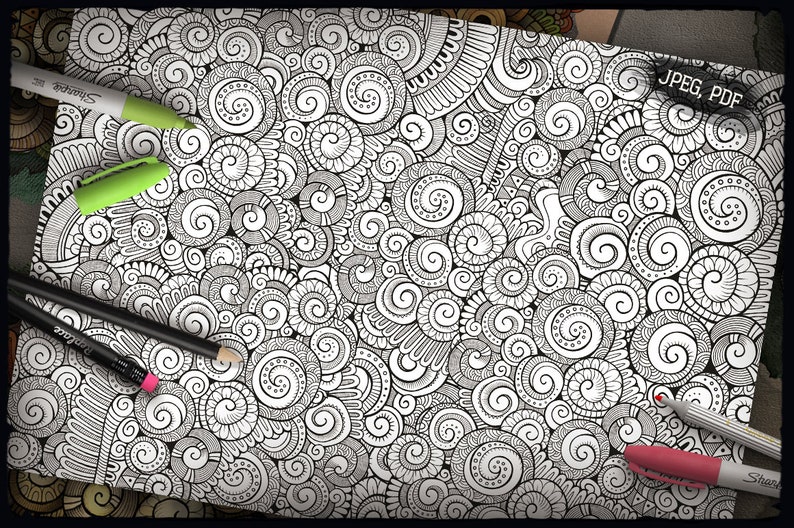 May include: An intricate black and white pattern of swirls and circles. The pattern is ideal for colouring or doodling.
