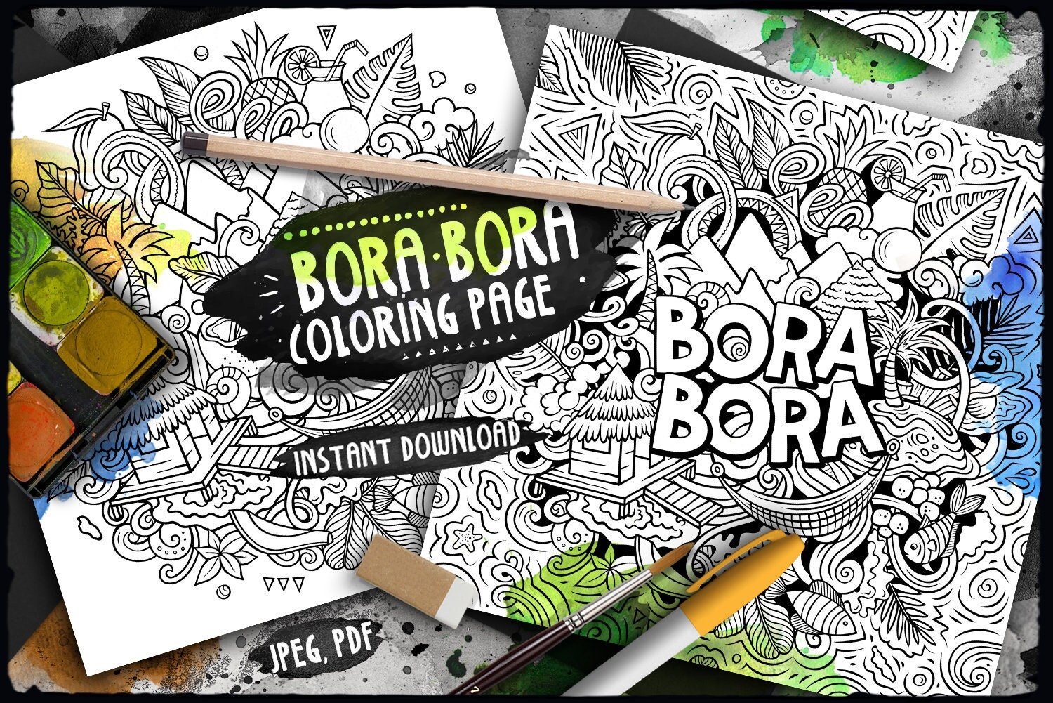 BORA-BORA Digital Coloring Page/ Tropical Doodle Illustration/ Exotic ...