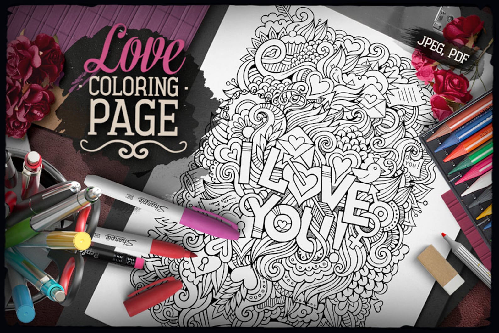 LOVE I LOVE YOU Digital Coloring Pages Adult Coloring - Etsy
