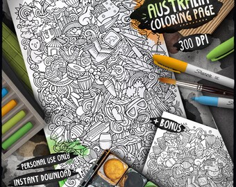 AUSTRALIA Digital Coloring Page, Australian Culture Adult Printable Coloring Sheet, Doodle Cartoon Illustration, Instant Download, PDF