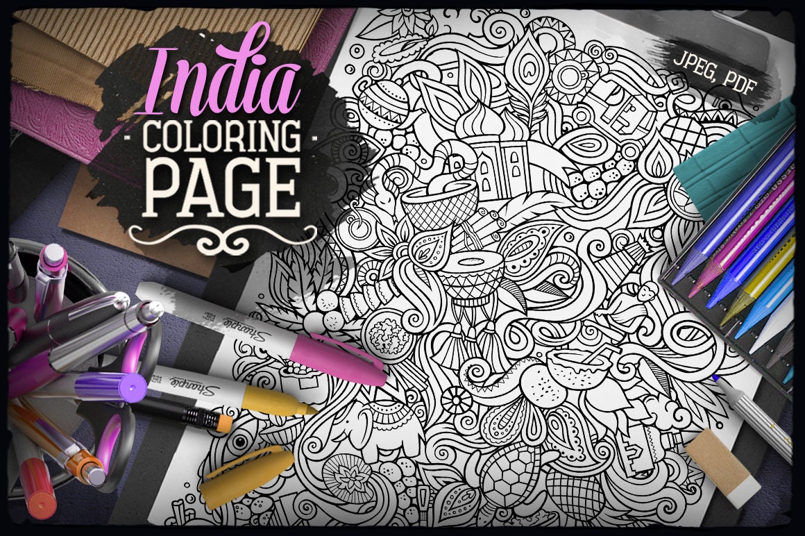 Download India Digital Coloring Page Indian Culture Doodle Adult Etsy